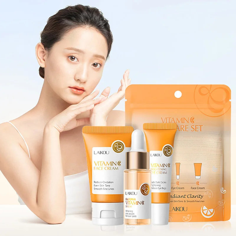 Kit de cuidado facial con vitamina C (3 piezas): crema facial, sérum, crema para ojos, hidratante y antiarrugas.